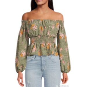 WAYF Green Floral Off The Shoulder Smocked‎ Top Cottagecore Boho Romantic Small